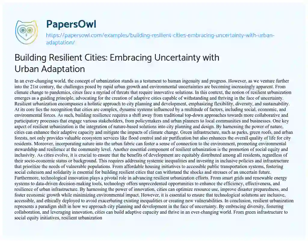 Essay on Building Resilient Cities: Embracing Uncertainty with Urban Adaptation