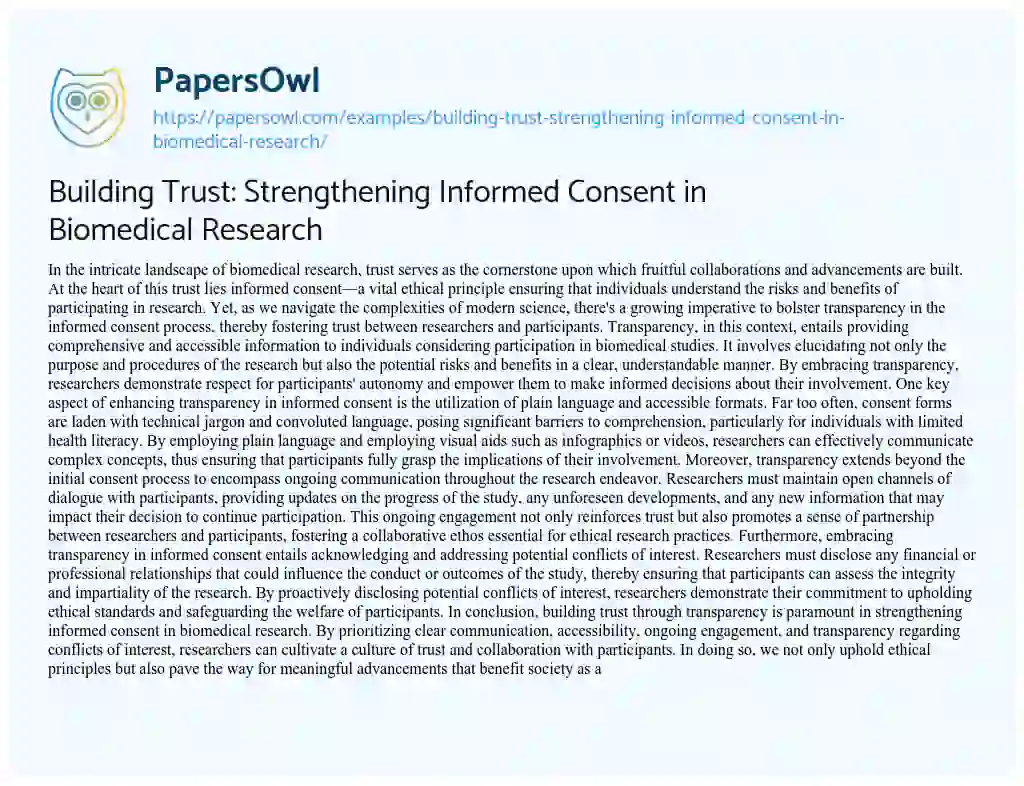 Essay on Building Trust: Strengthening Informed Consent in Biomedical Research