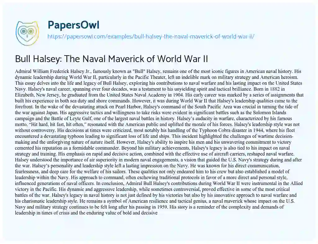 Essay on Bull Halsey: the Naval Maverick of World War II