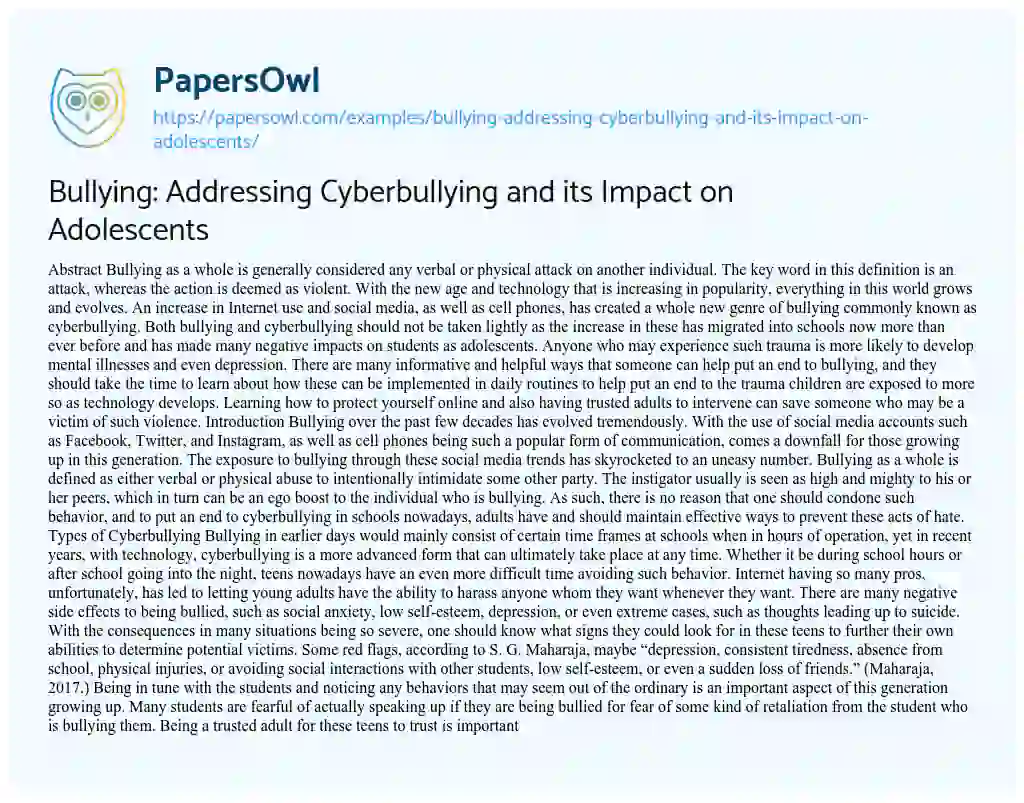 Essay on Bullying: Addressing Cyberbullying and its Impact on Adolescents