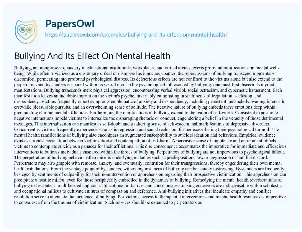 Essay on Bullying and its Effect on Mental Health