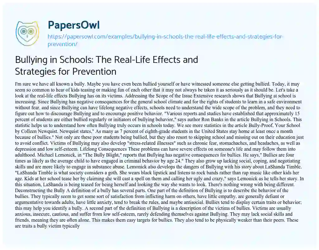Essay on Bullying in Schools: the Real-Life Effects and Strategies for Prevention