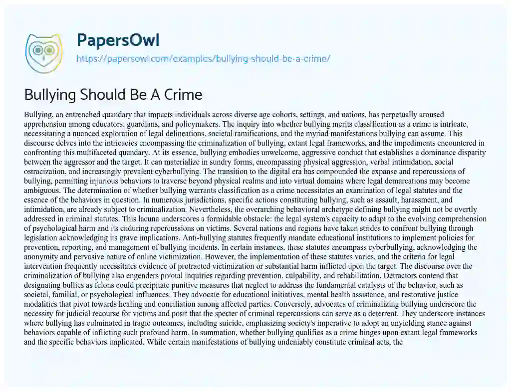 Essay on Bullying should be a Crime
