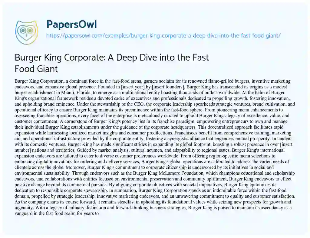 Essay on Burger King Corporate: a Deep Dive into the Fast Food Giant