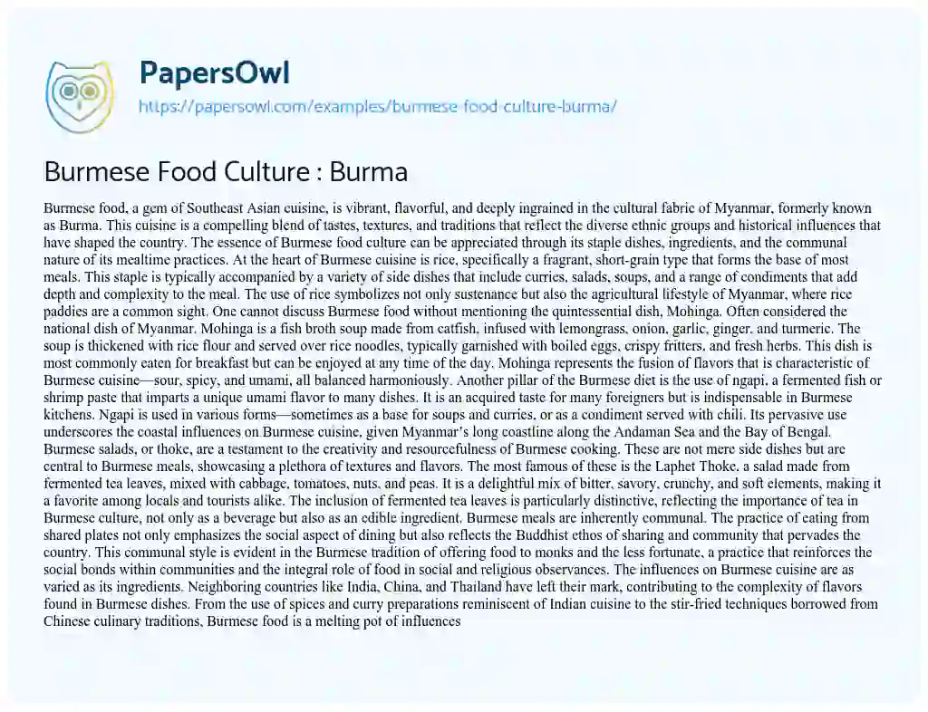 Essay on Burmese Food Culture : Burma