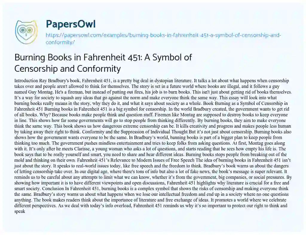 Essay on Burning Books in Fahrenheit 451: a Symbol of Censorship and Conformity