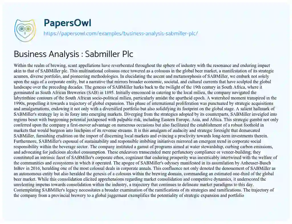 Essay on Business Analysis : Sabmiller Plc