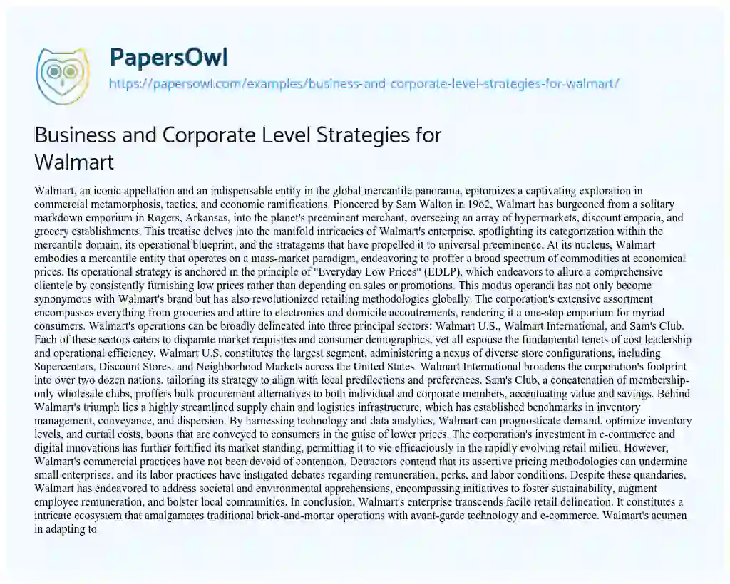 Essay on Business and Corporate Level Strategies for Walmart