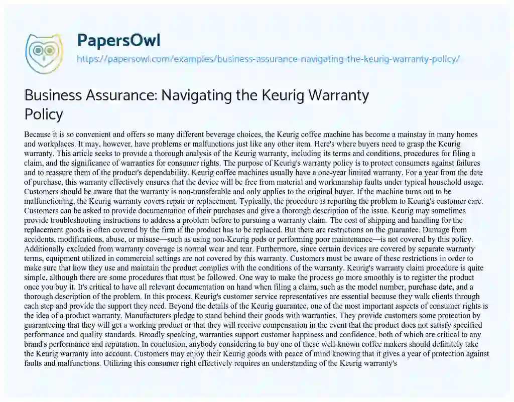 Essay on Business Assurance: Navigating the Keurig Warranty Policy