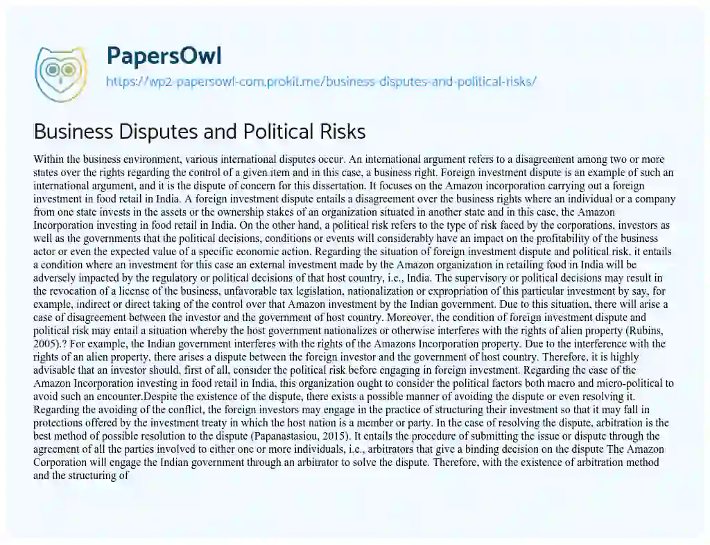 Essay on Business Disputes and Political Risks