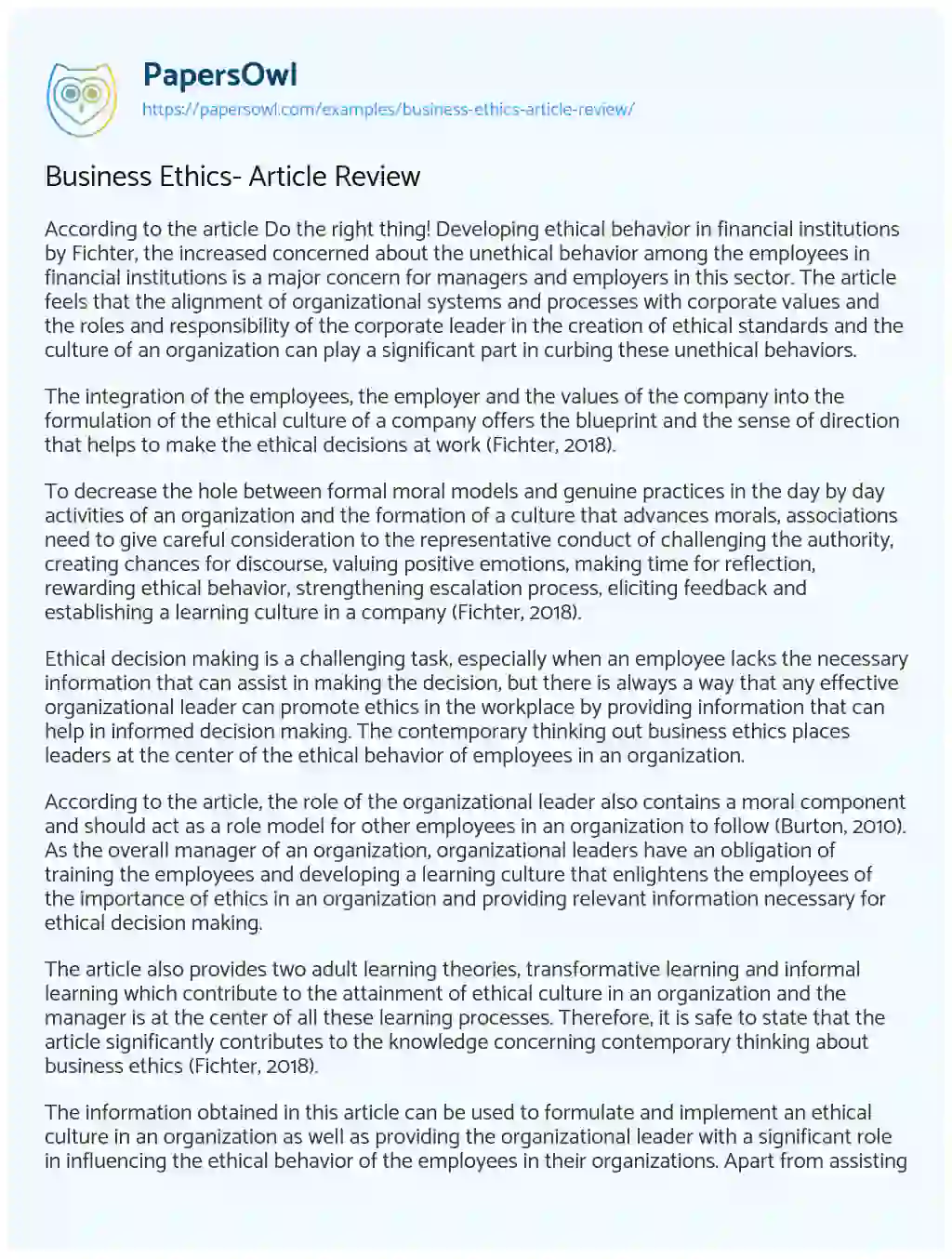 Business Ethics- Article Review essay