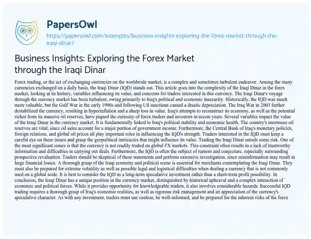 Essay on Business Insights: Exploring the Forex Market through the Iraqi Dinar