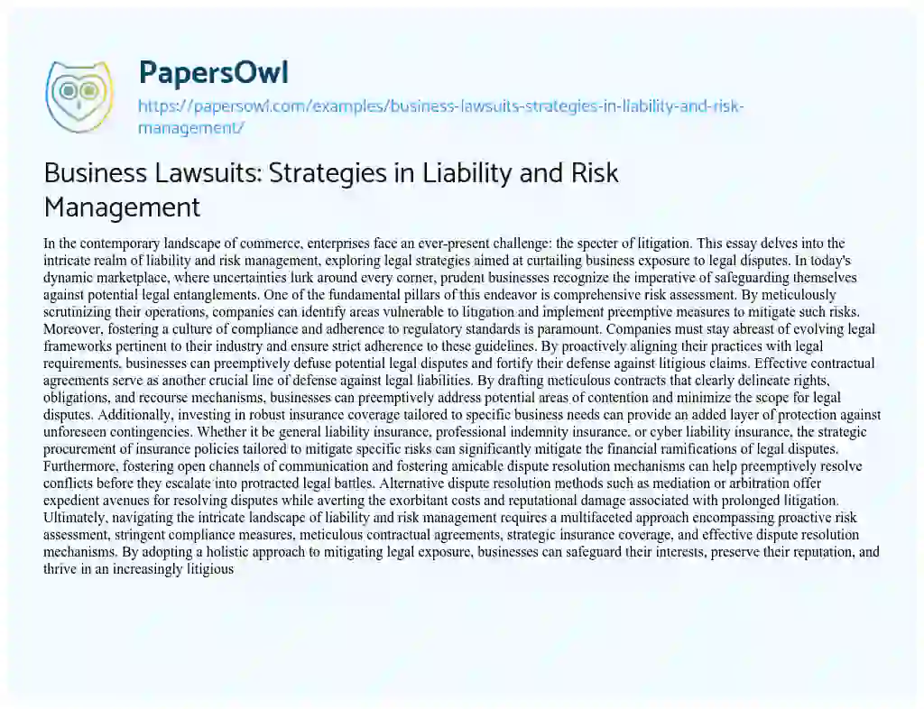 Essay on Business Lawsuits: Strategies in Liability and Risk Management