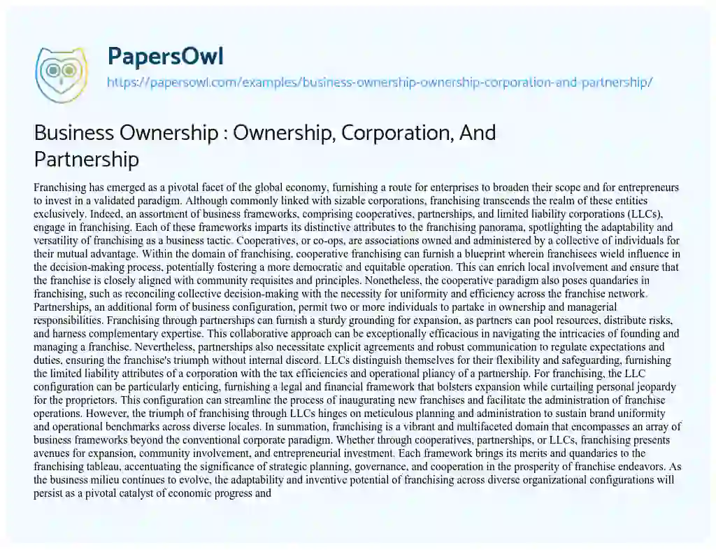 Essay on Business Ownership : Ownership, Corporation, and Partnership