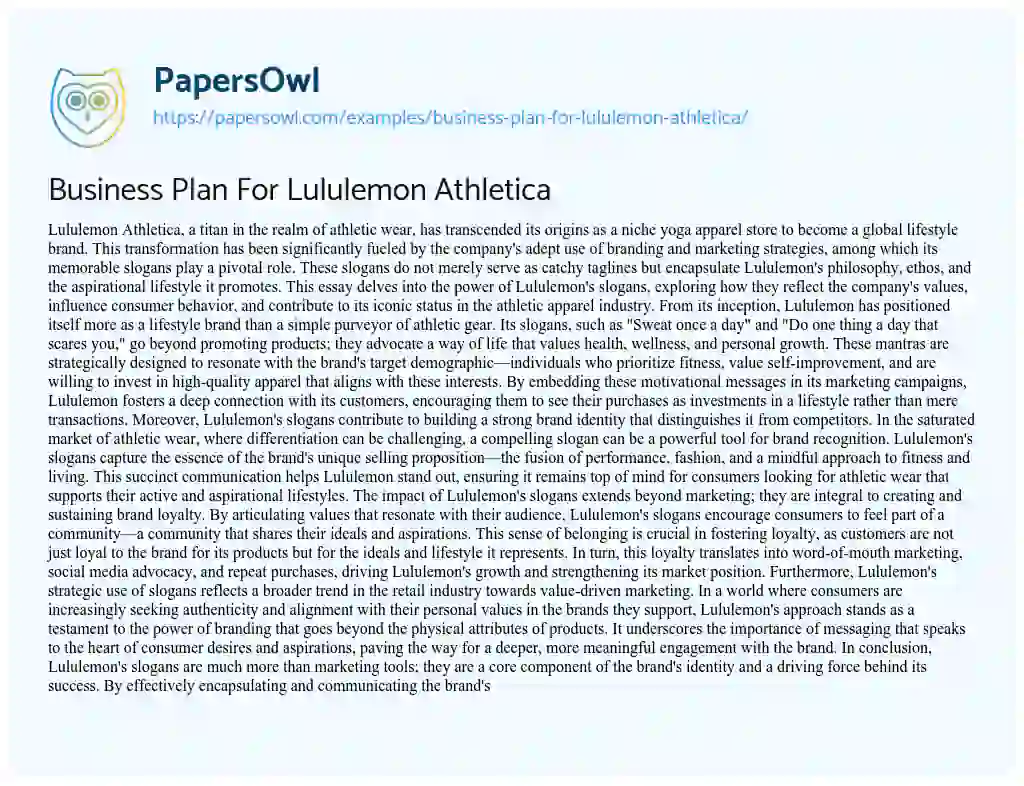 Essay on Business Plan for Lululemon Athletica