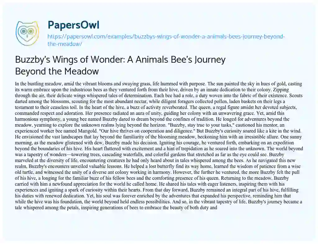 Essay on Buzzby’s Wings of Wonder: a Animals Bee’s Journey Beyond the Meadow