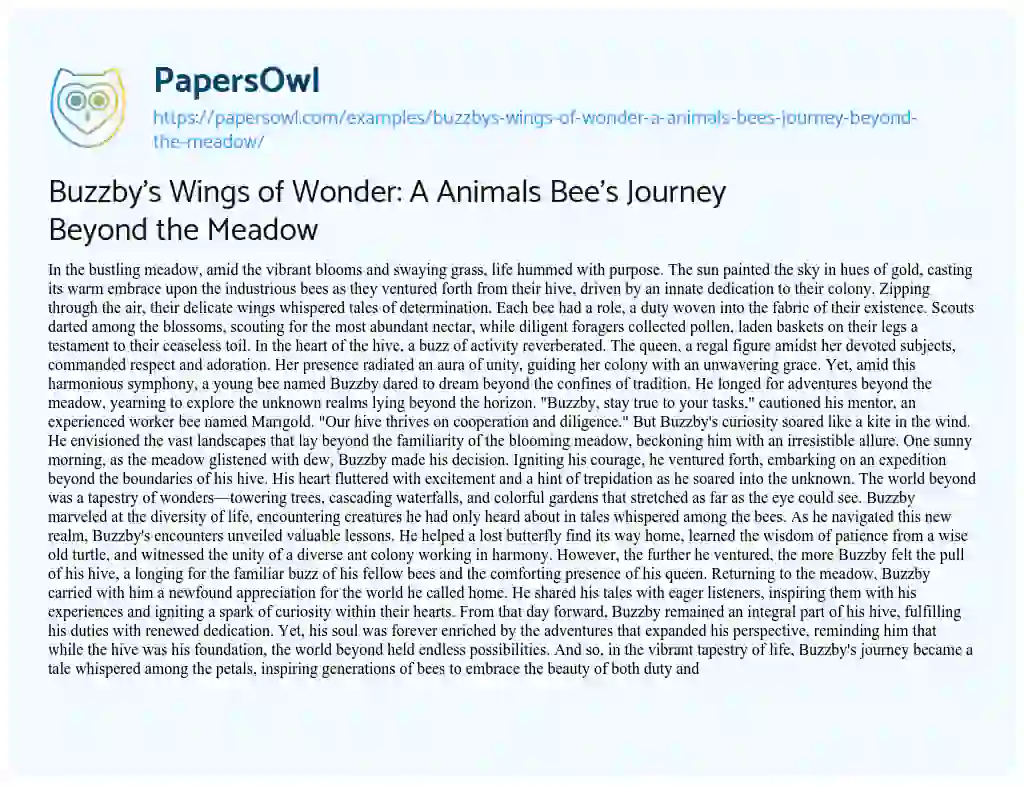 Essay on Buzzby’s Wings of Wonder: A Animals Bee’s Journey Beyond the Meadow