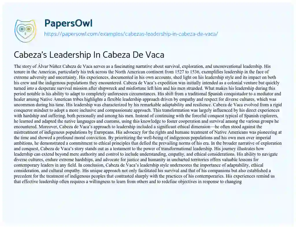 Essay on Cabeza’s Leadership In Cabeza De Vaca