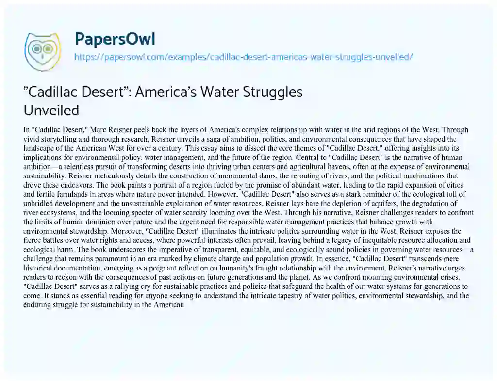 Essay on “Cadillac Desert”: America’s Water Struggles Unveiled