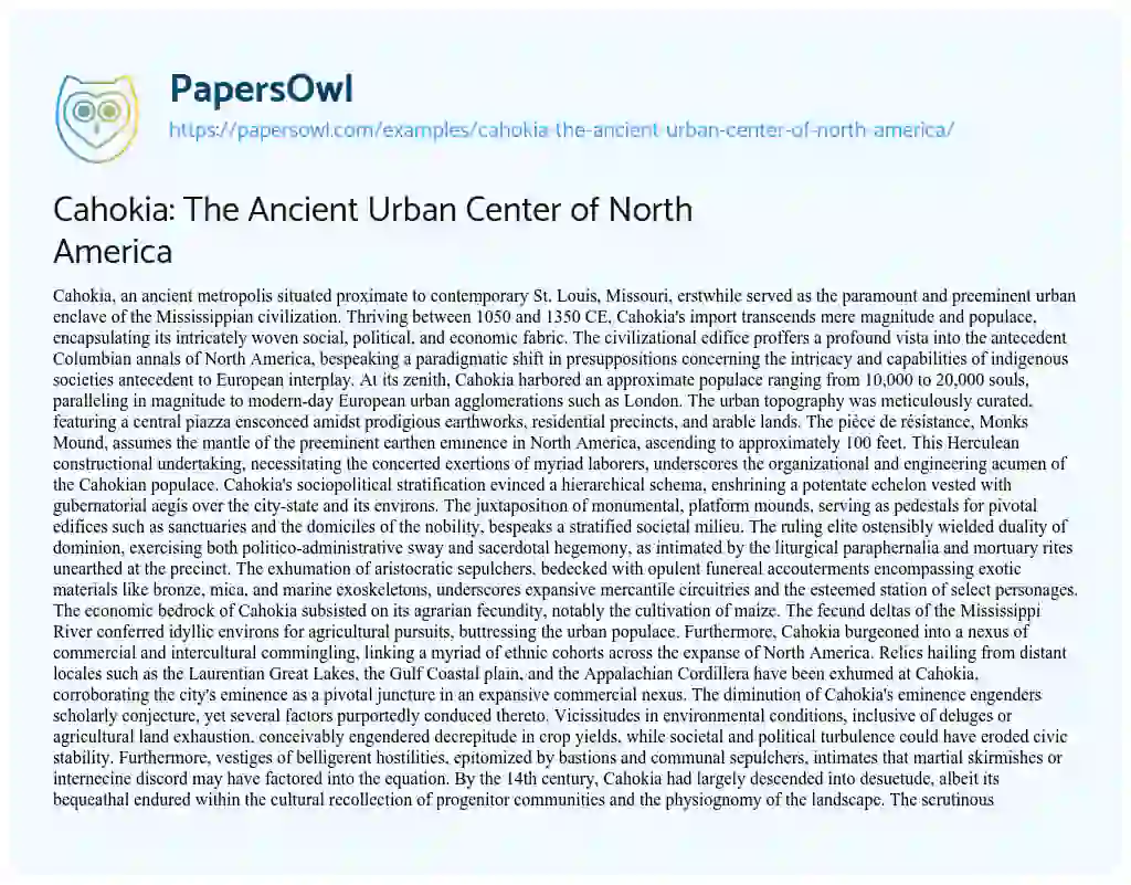 Essay on Cahokia: the Ancient Urban Center of North America