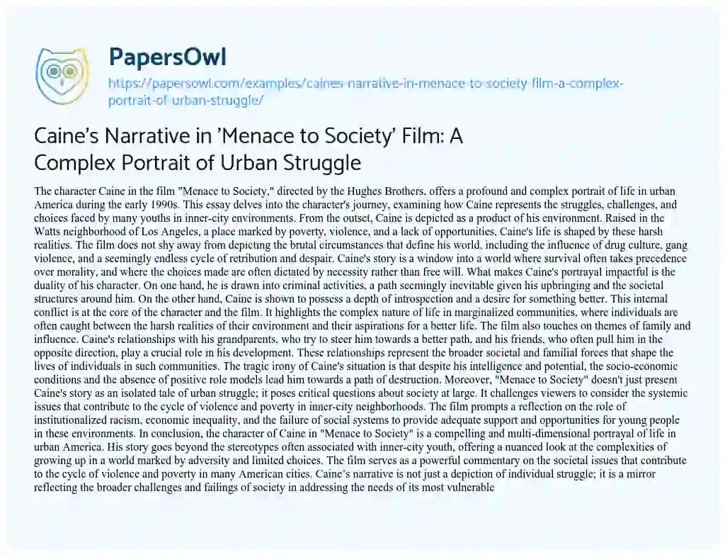 Essay on Caine’s Narrative in ‘Menace to Society’ Film: a Complex Portrait of Urban Struggle