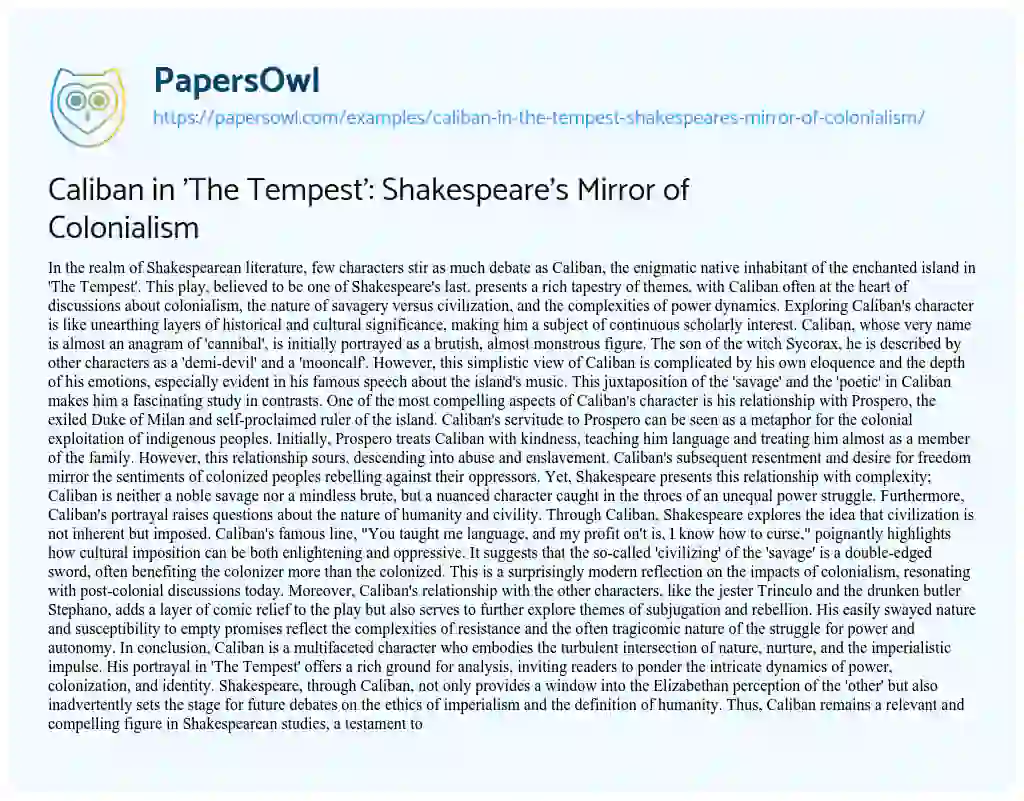 Essay on Caliban in ‘The Tempest’: Shakespeare’s Mirror of Colonialism