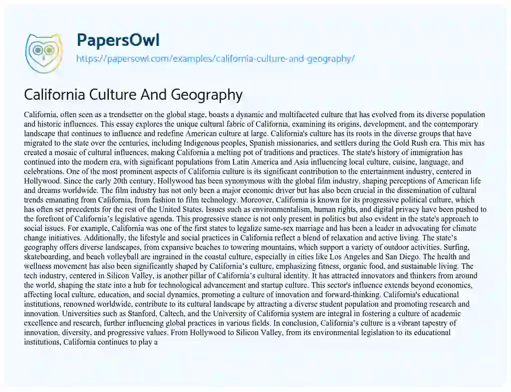 Essay on California Culture and Geography