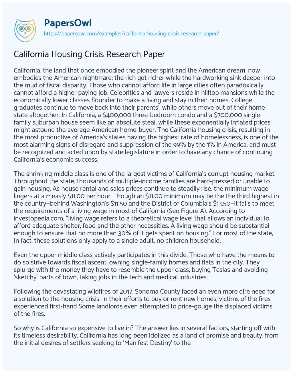 Essay on California Housing Crisis Research Paper