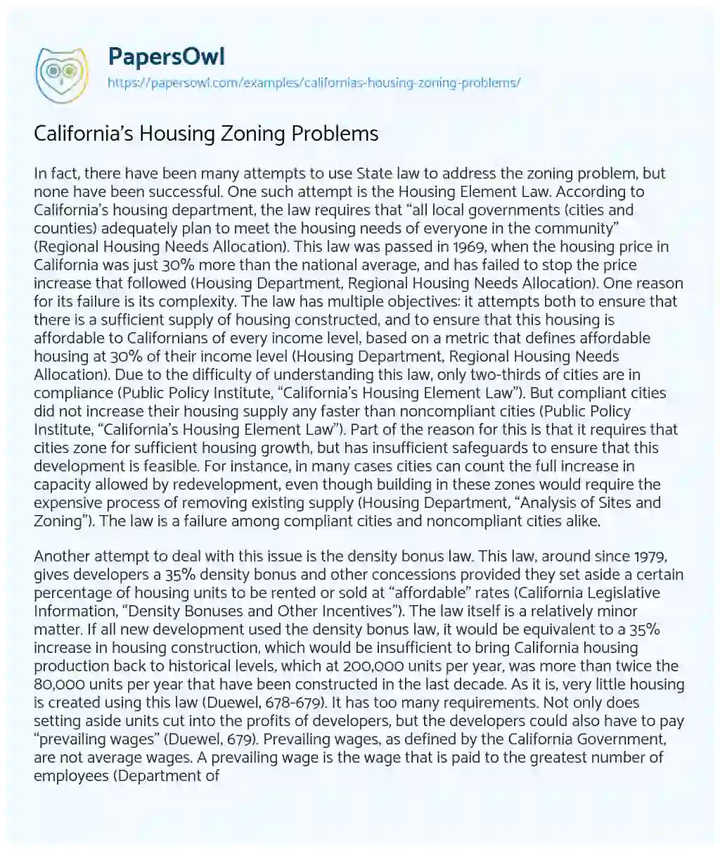 Essay on California’s Housing Zoning Problems