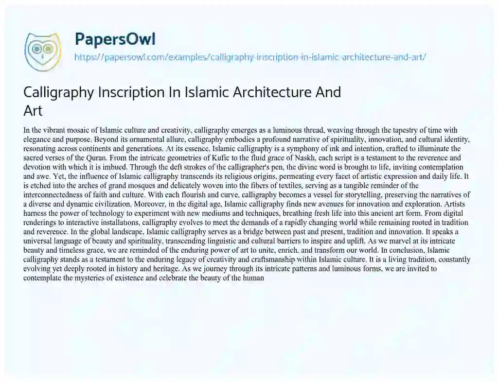 Essay on Calligraphy Inscription in Islamic Architecture and Art