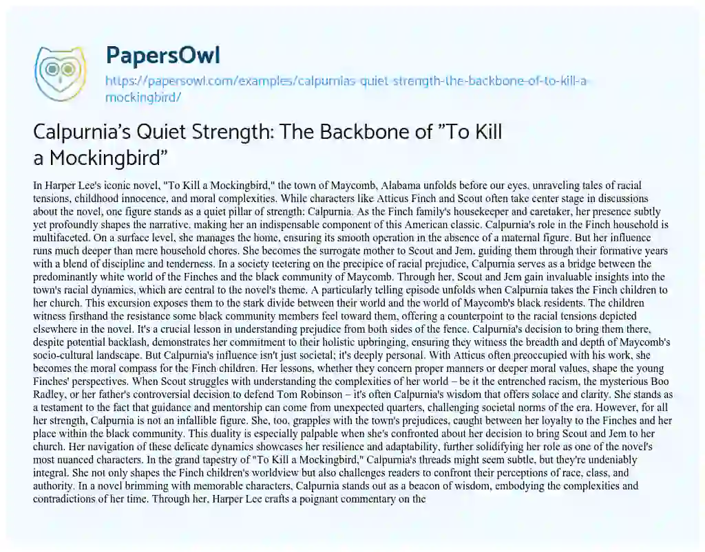 Essay on Calpurnia’s Quiet Strength: the Backbone of “To Kill a Mockingbird”