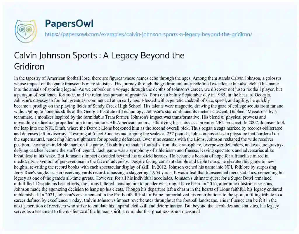 Essay on Calvin Johnson Sports : a Legacy Beyond the Gridiron