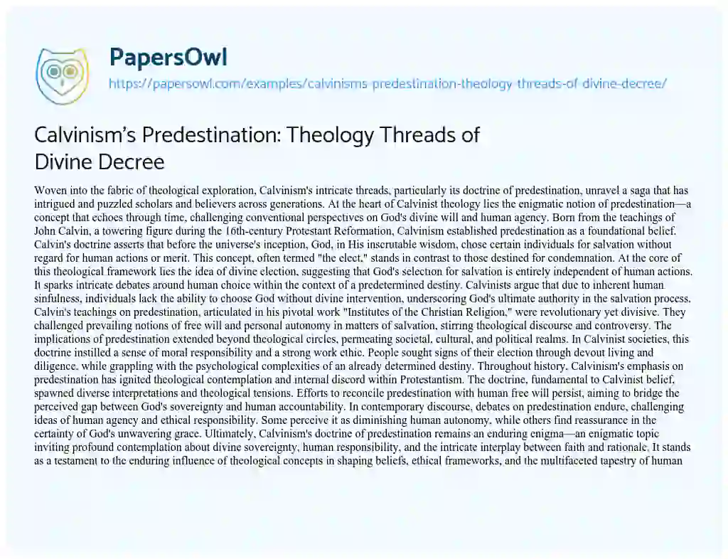 Essay on Calvinism’s Predestination: Theology Threads of Divine Decree