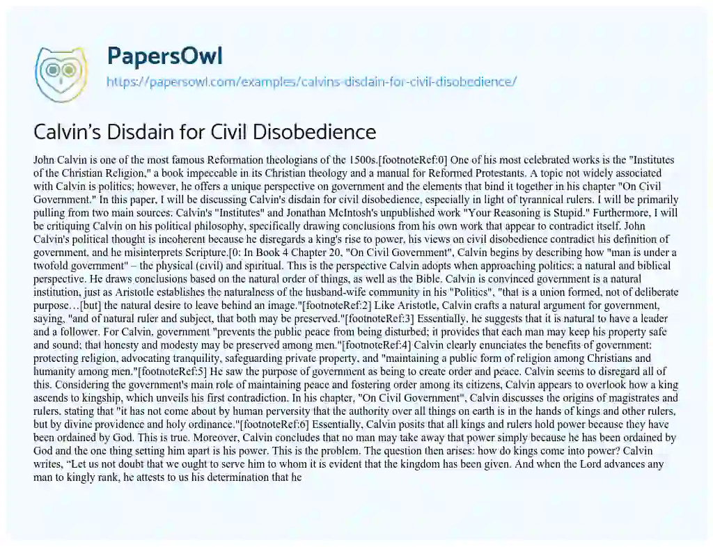 Essay on Calvin’s Disdain for Civil Disobedience
