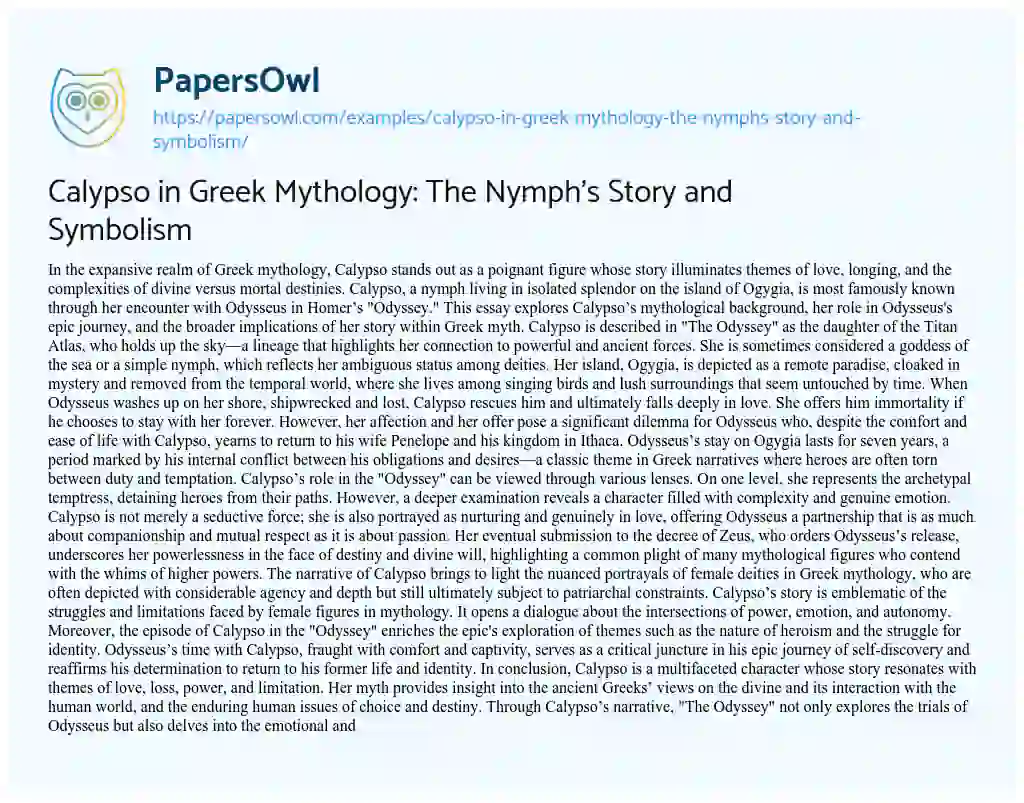 Essay on Calypso in Greek Mythology: the Nymph’s Story and Symbolism