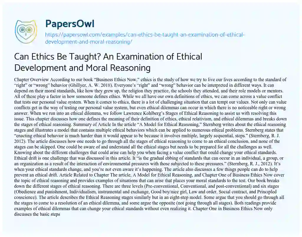 Essay on Can Ethics be Taught? an Examination of Ethical Development and Moral Reasoning