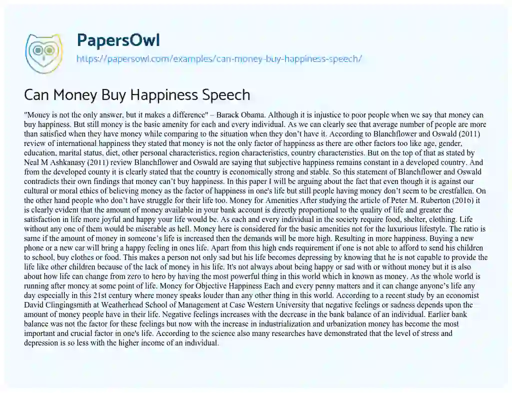 Essay on Can Money Buy Happiness Speech