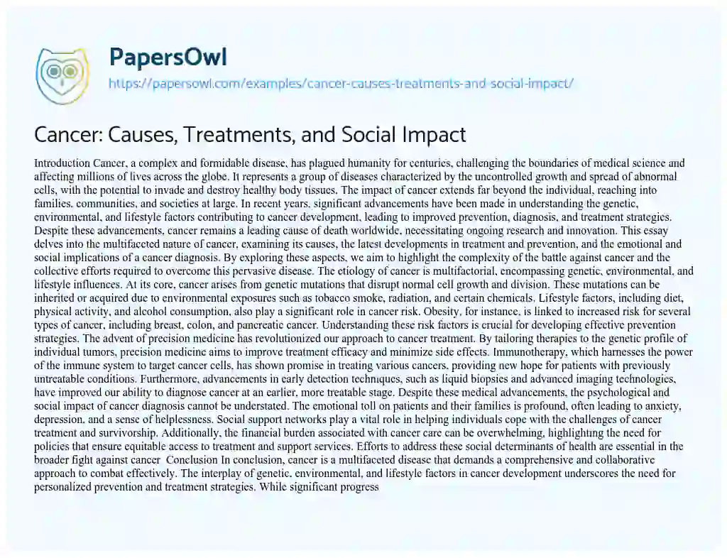 Essay on Cancer: Causes, Treatments, and Social Impact