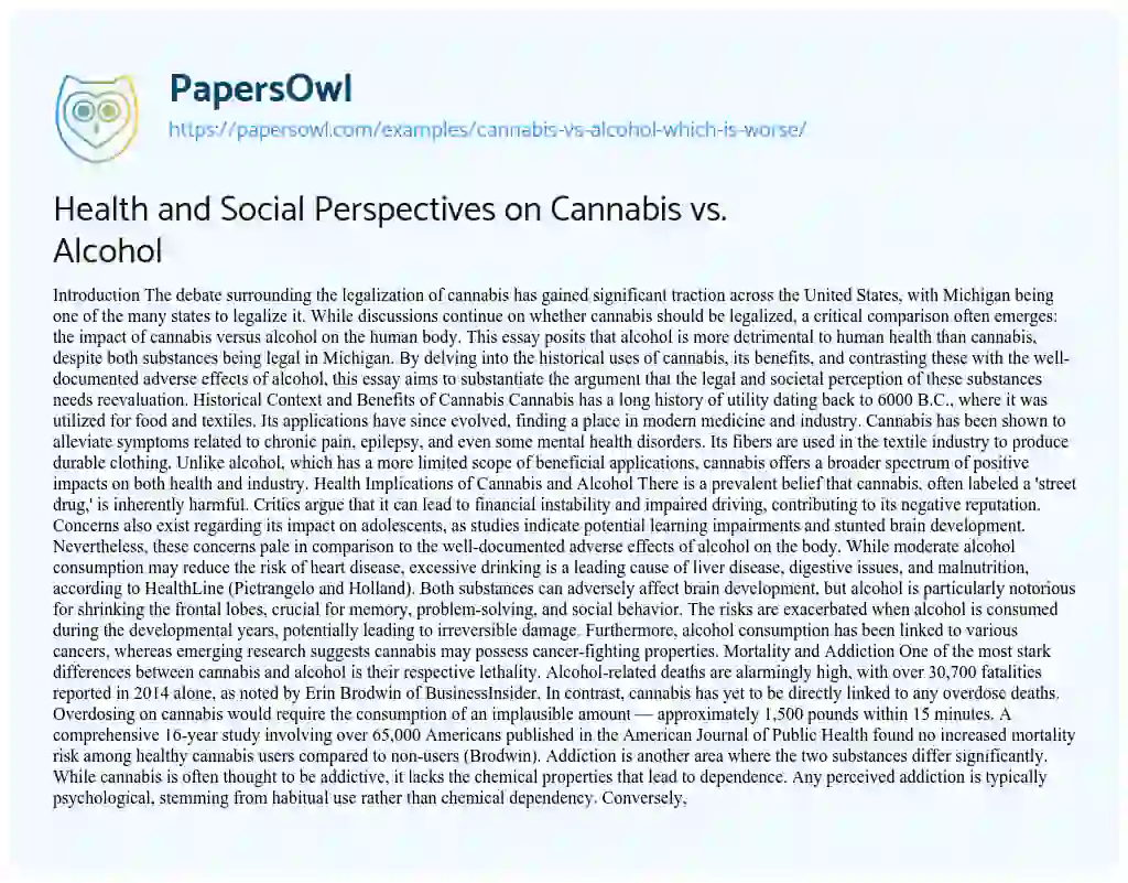 Essay on Cannabis Vs Alcohol which is Worse