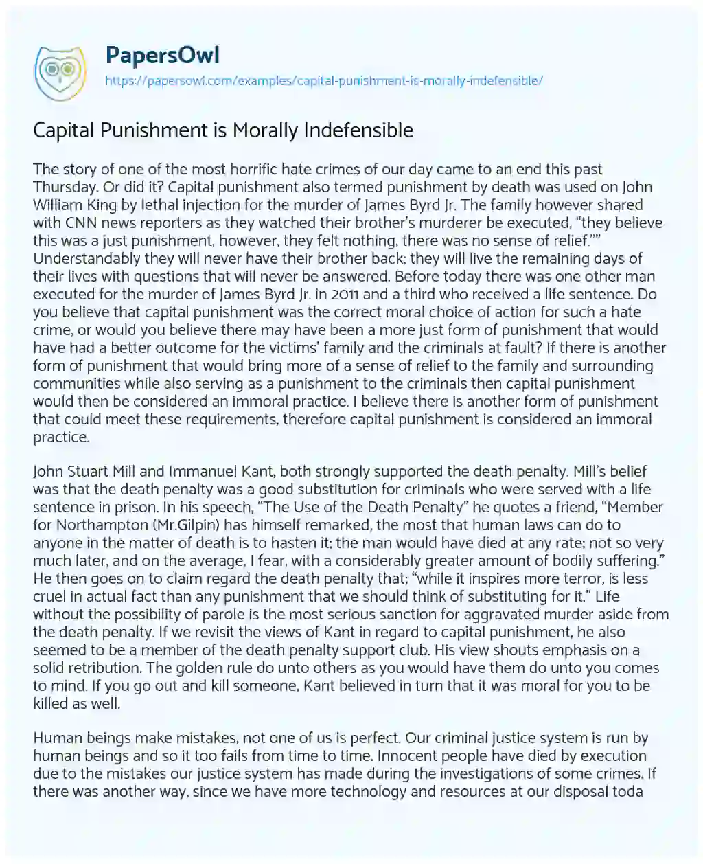 Essay on Capital Punishment is Morally Indefensible