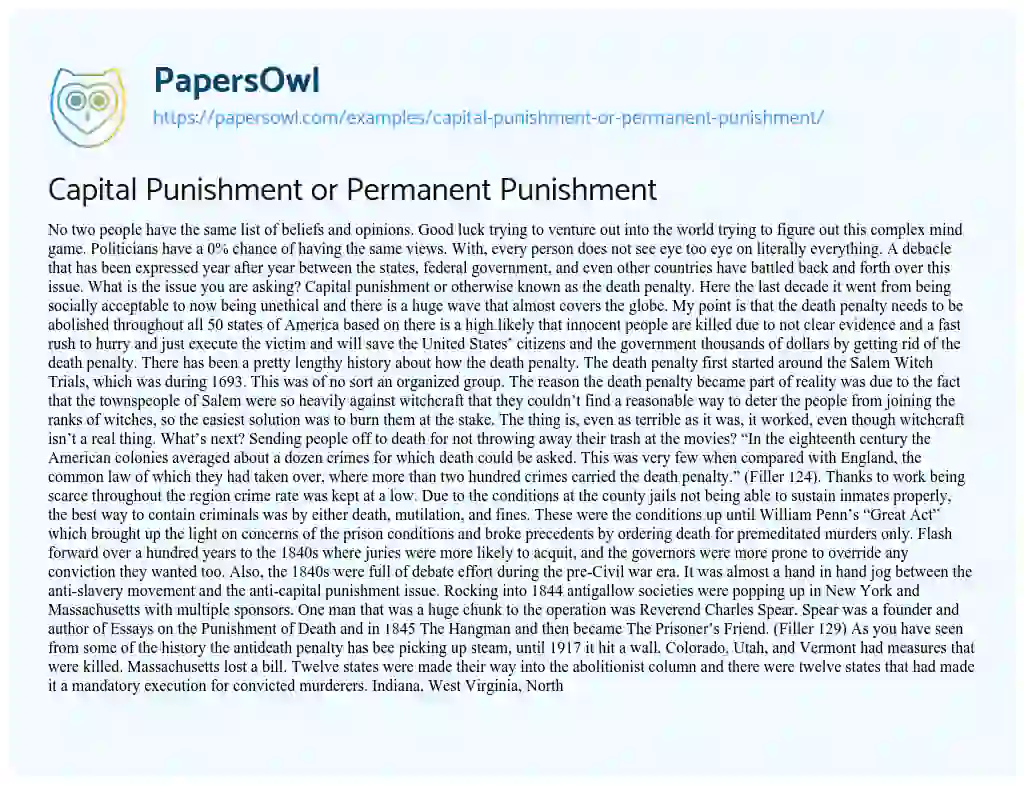 Essay on Capital Punishment or Permanent Punishment
