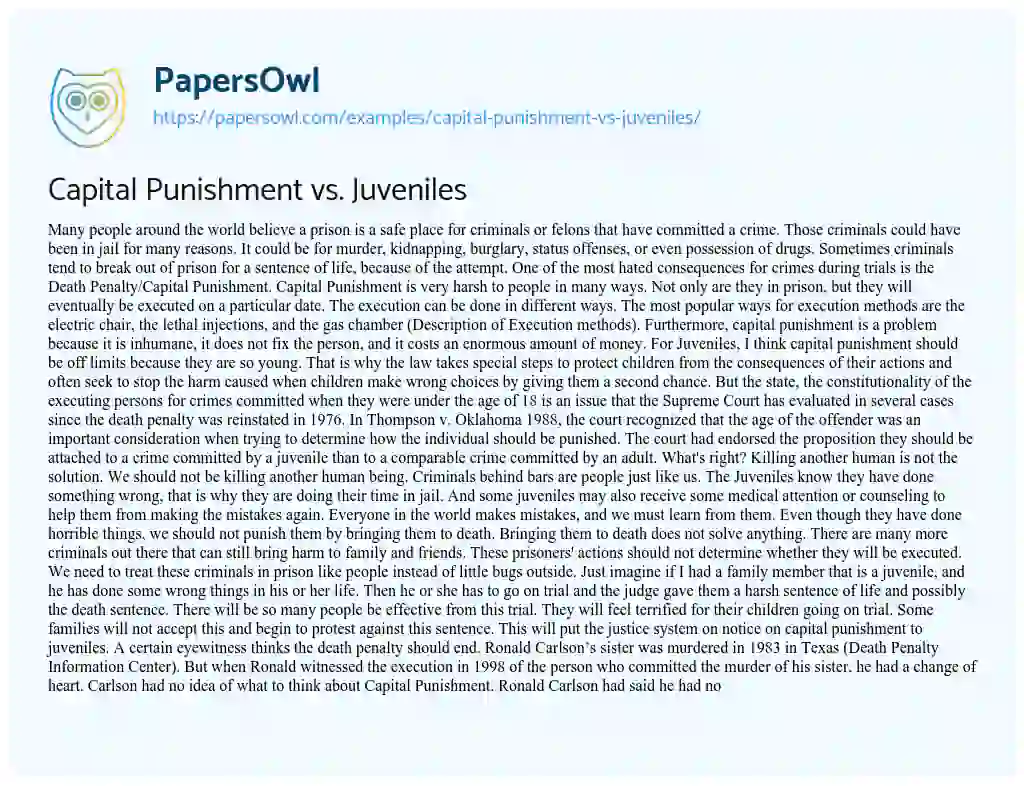 Essay on Capital Punishment Vs. Juveniles