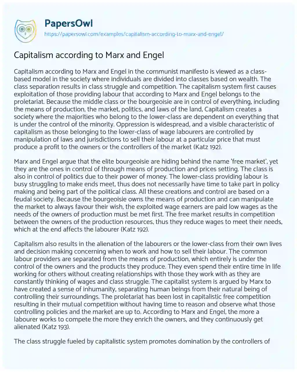 Capitalism According to Marx and Engel essay