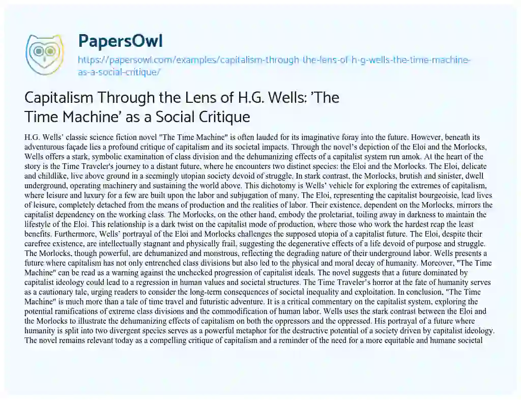 Essay on Capitalism through the Lens of H.G. Wells: ‘The Time Machine’ as a Social Critique