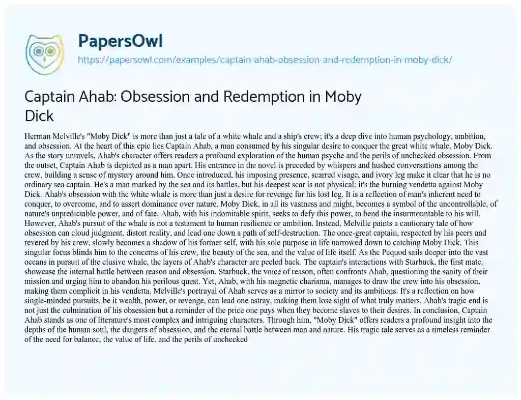 Essay on Captain Ahab: Obsession and Redemption in Moby Dick