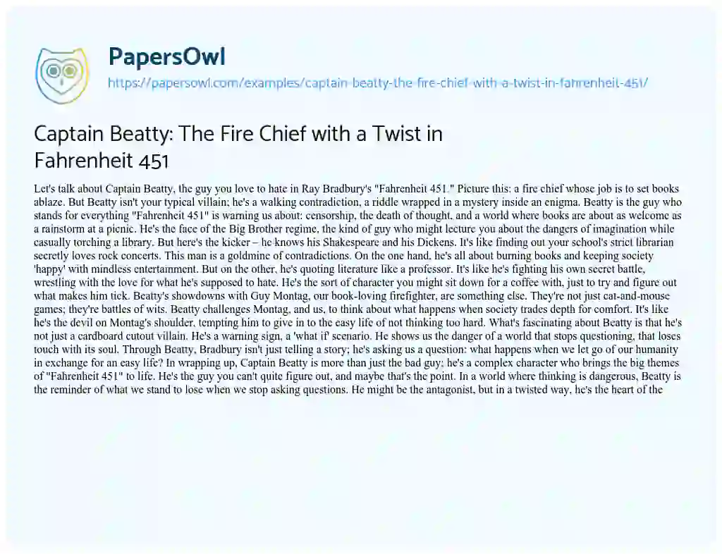 Essay on Captain Beatty: the Fire Chief with a Twist in Fahrenheit 451