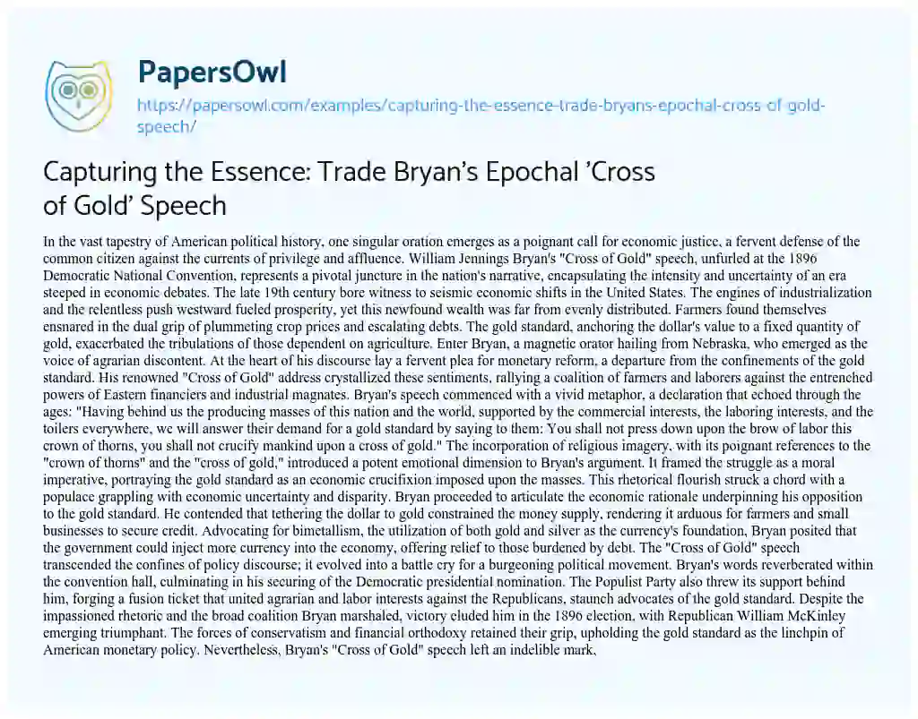 Essay on Capturing the Essence: Trade Bryan’s Epochal ‘Cross of Gold’ Speech