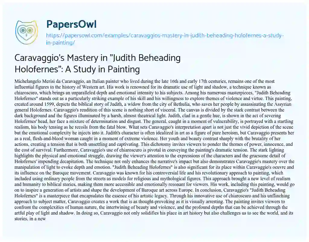 Essay on Caravaggio’s Mastery in “Judith Beheading Holofernes”: a Study in Painting