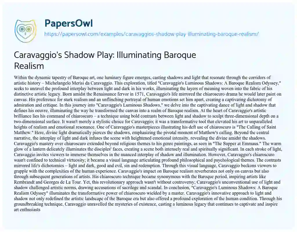 Essay on Caravaggio’s Shadow Play: Illuminating Baroque Realism