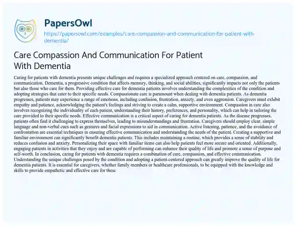 Essay on Care Compassion and Communication for Patient with Dementia